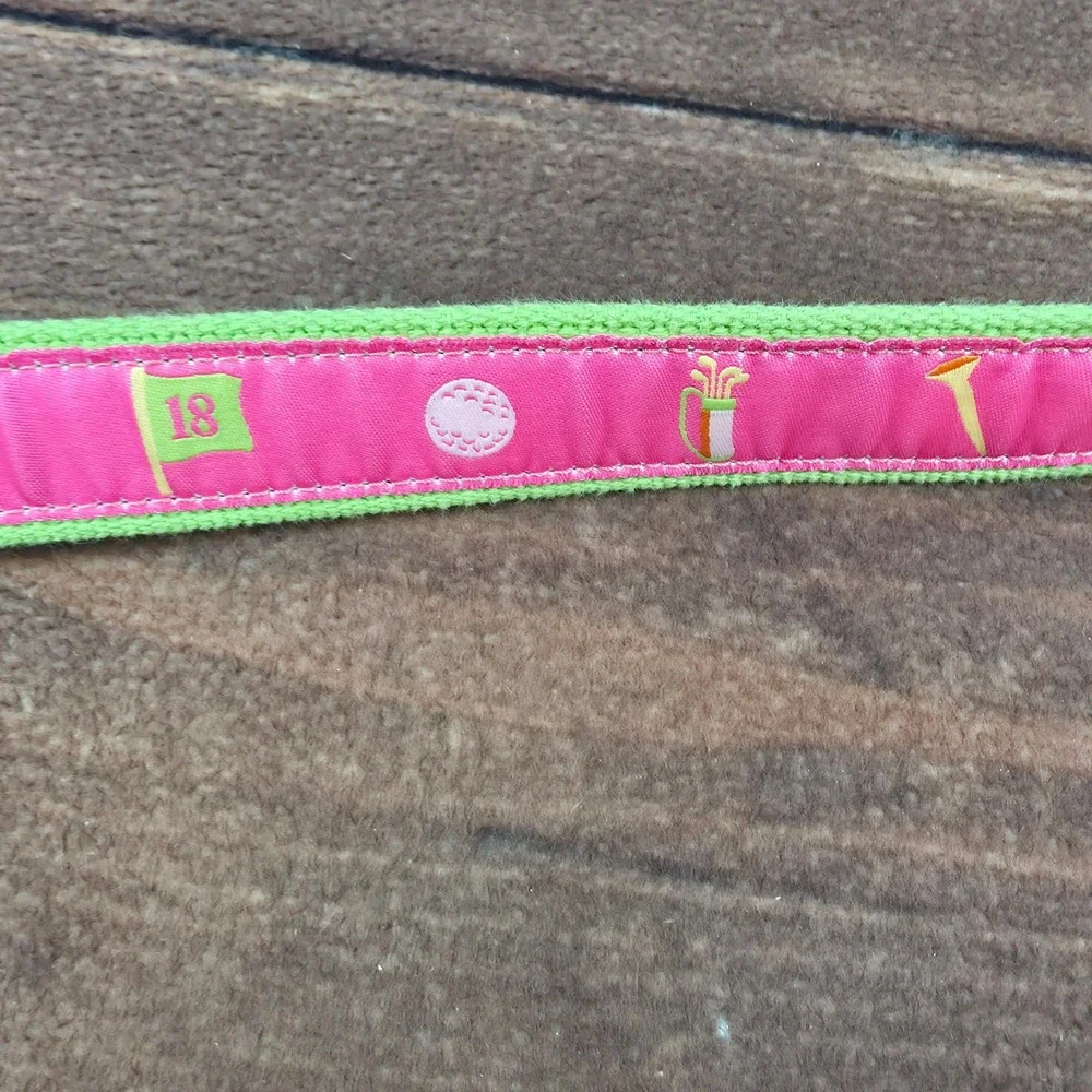 Douglas Paquette Golf D-Ring Belt Womens M Pink Green Good Preppy Canvas Ribbon